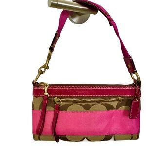 Coach Signature Tan Pink Convertible Small Shoulder Bag/Large Wristlet/Baguette
